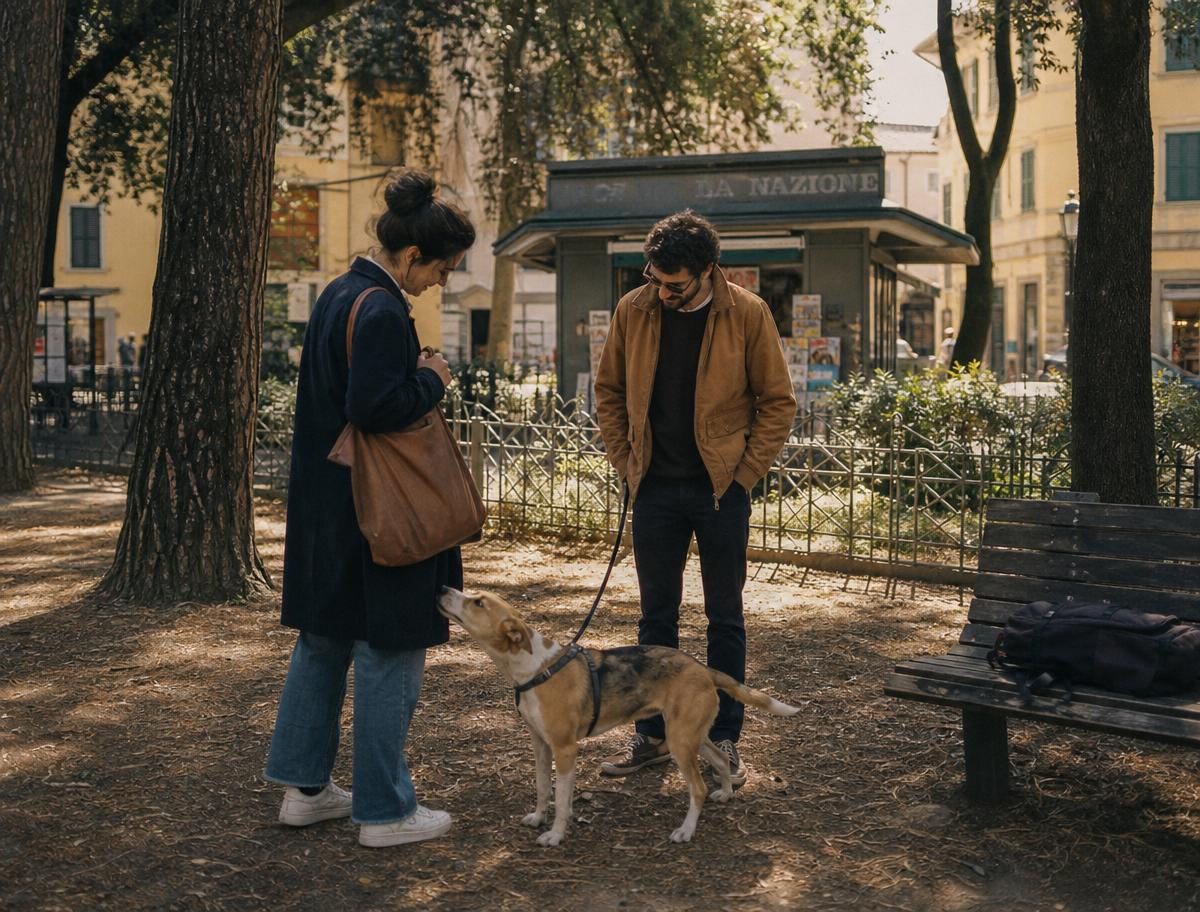 Due persone si incontrano al parco con un cane al guinzaglio