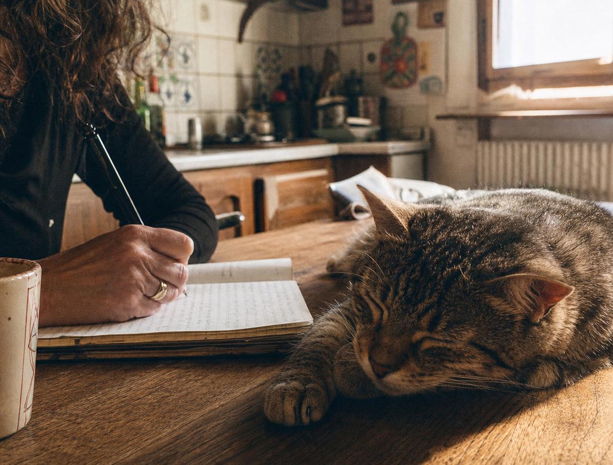 Una donna scrive su un quaderno accanto a un gatto che dorme