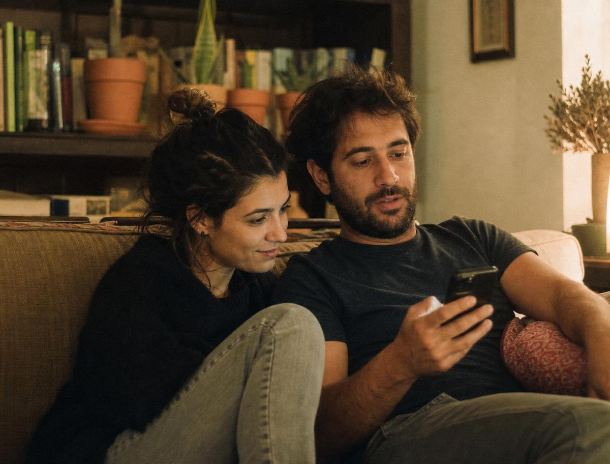Una coppia guarda insieme lo schermo di un telefono sul divano